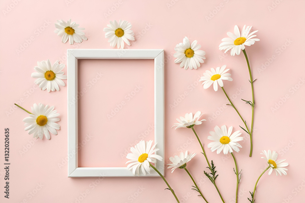 White Frame Surrounded by Fresh Daisies on Soft Pink Background Perfect for Spring Promotions and Floral Designs White Frame Surrounded by Fresh Daisies on Soft Pink Background Perfect for Spring Promotions and Floral Designs