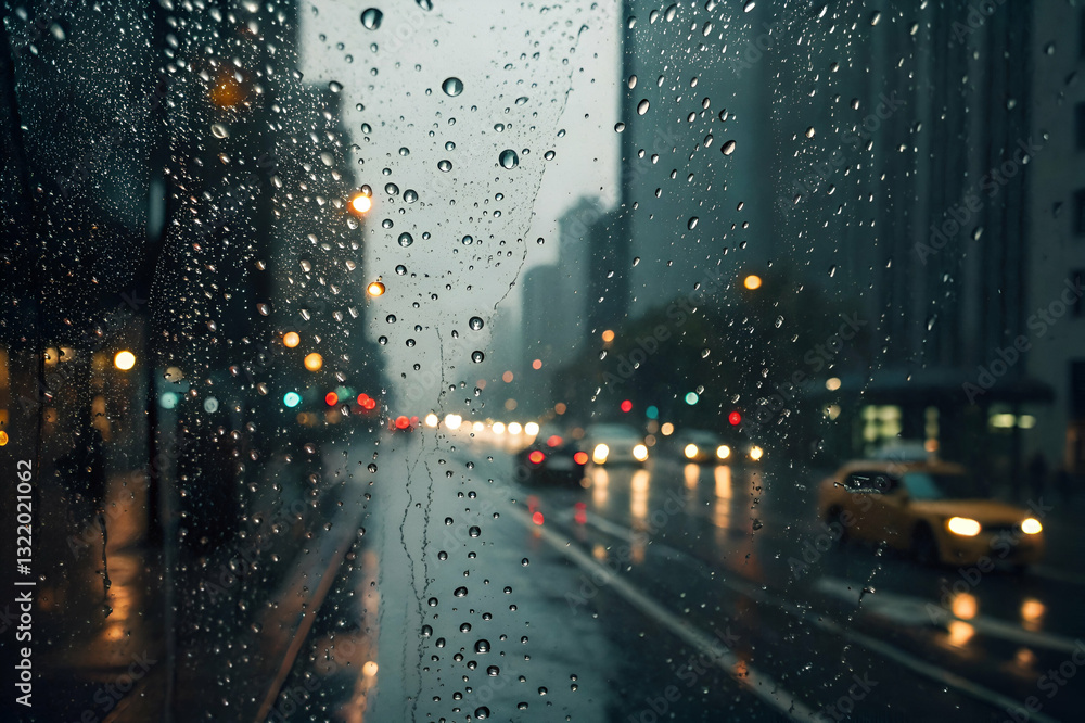 Rainy city street view with blurred traffic, reflections, and raindrops on glass, creating a moody and atmospheric urban scene at night