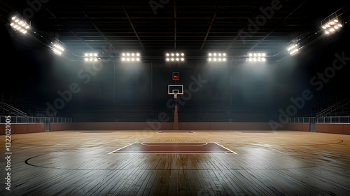 Illuminated Empty Basketball Court In A Professional Sports Arena With Bright Overhead Lights And Dark Background Dramatic Atmosphere