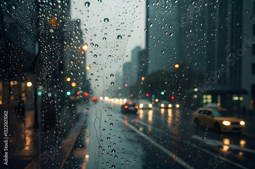Rainy city street view with blurred traffic, reflections, and raindrops on glass, creating a moody and atmospheric urban scene at night