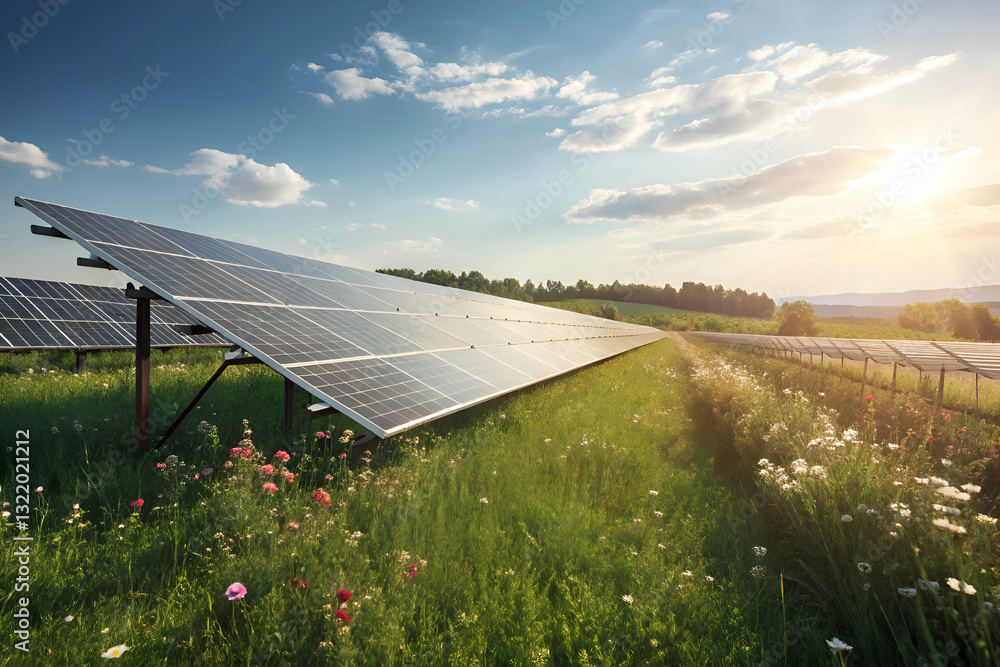 Bright and Inviting Solar Panel Array Overlooking Lush Green Landscape Under Warm Sunlight with Blue Sky and Fluffy Clouds in Background