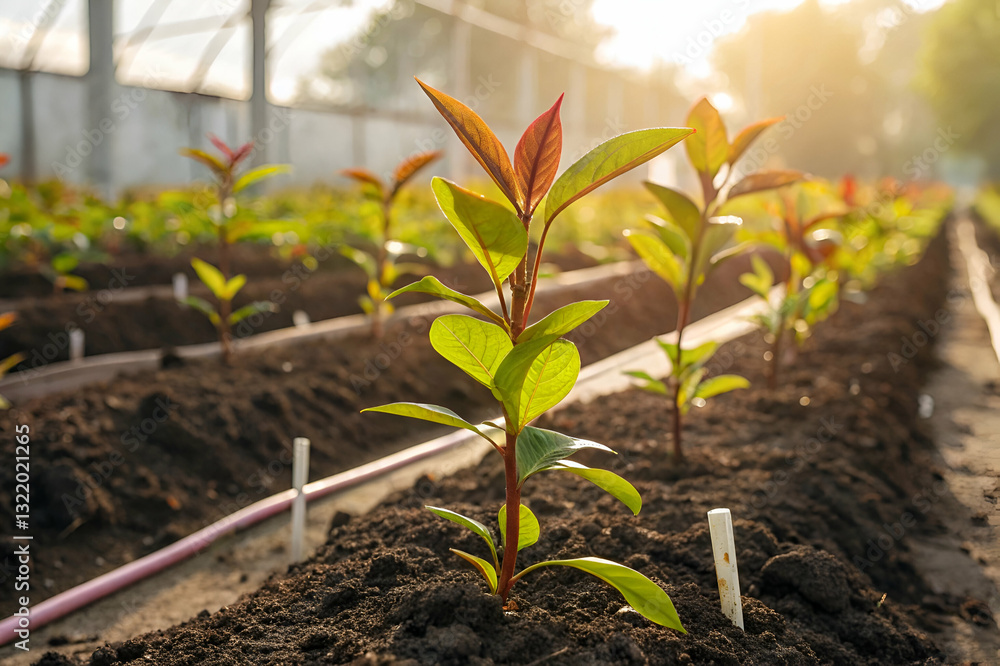 Close-Up of Young Green Plant with Red Tips Growing in Fertile Soil Inside a Sunny Greenhouse with Soft Light Streaming Through Glass Panels