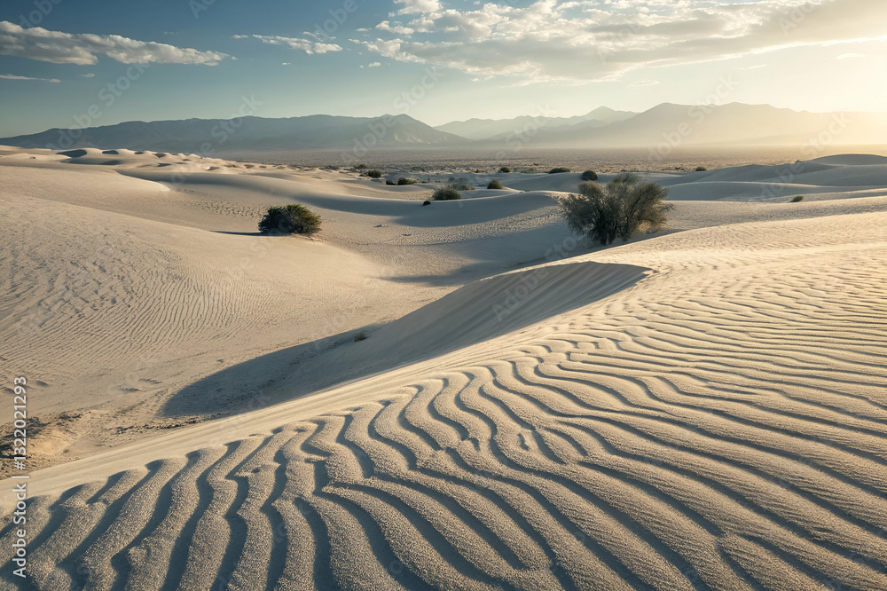 Serene Desert Landscape with Rippling Sand Dunes and Dramatic Sky at Golden Hour in an Arid Region Mountains in the Background