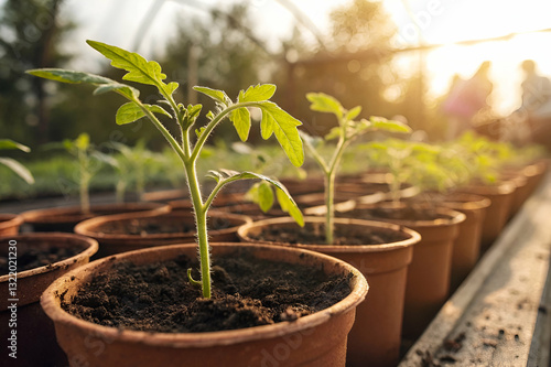 Obraz na płótnie Young tomato plants in small clay pots with rich soil, illuminated by the warm sunlight in a greenhouse, nurturing growth and sustainability w salonie