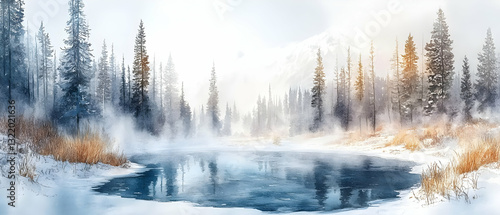 Winter lake, snowy forest, mountain view