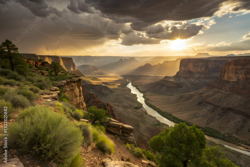 Majestic Canyon Landscape with River in Golden Hour Light and Dramatic Sky, Showcasing Nature's Beauty and Tranquility in a Serene Environment