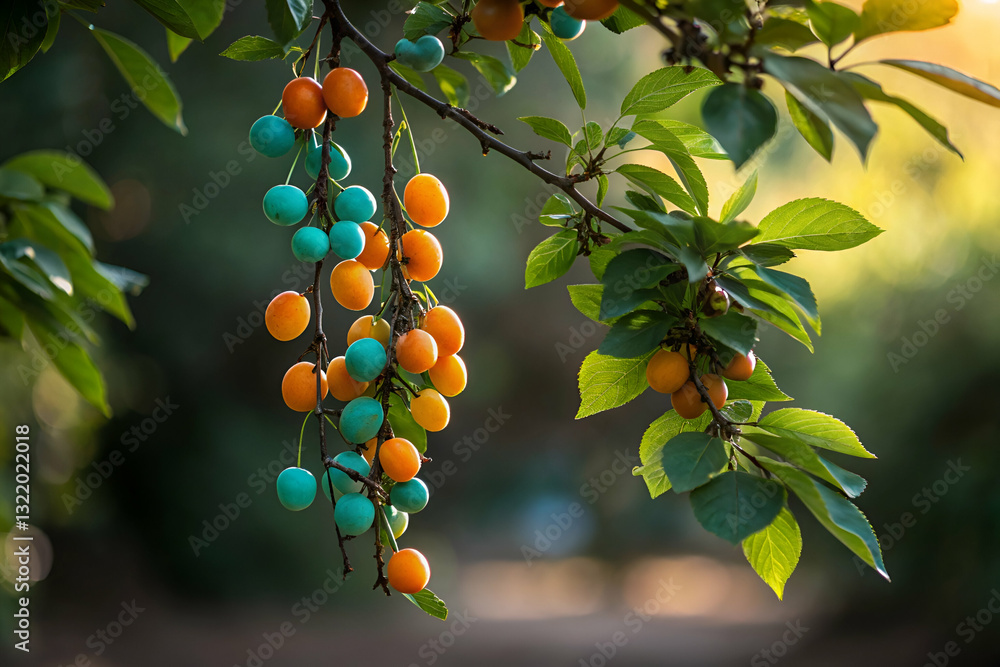 Vibrant Cluster of Colorful Fruits Hanging from Branch Amidst Lush Green Leaves in a Beautiful Natural Setting