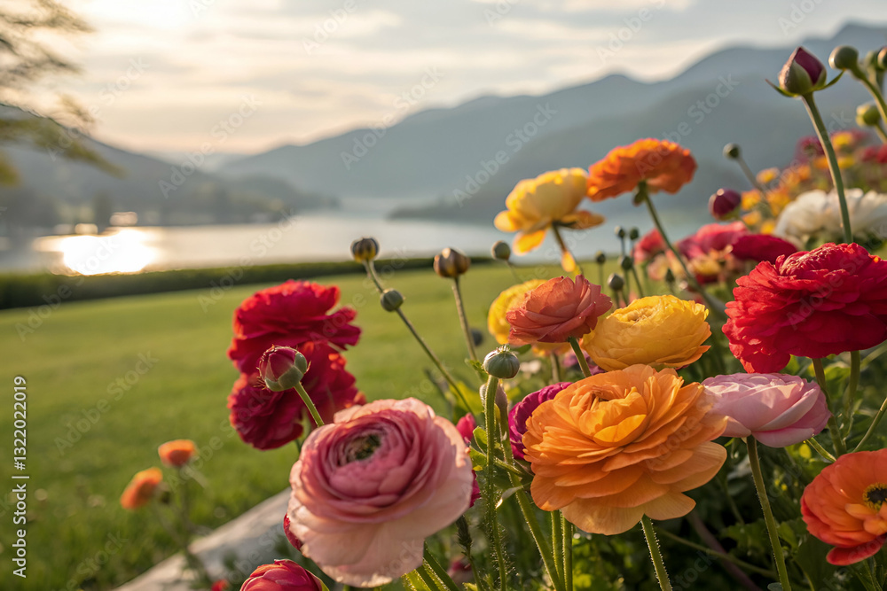 Vibrant Ranunculus Flowers in Bloom with Scenic Lake and Mountain View Under Soft Sunset Light in a Serene Garden Setting