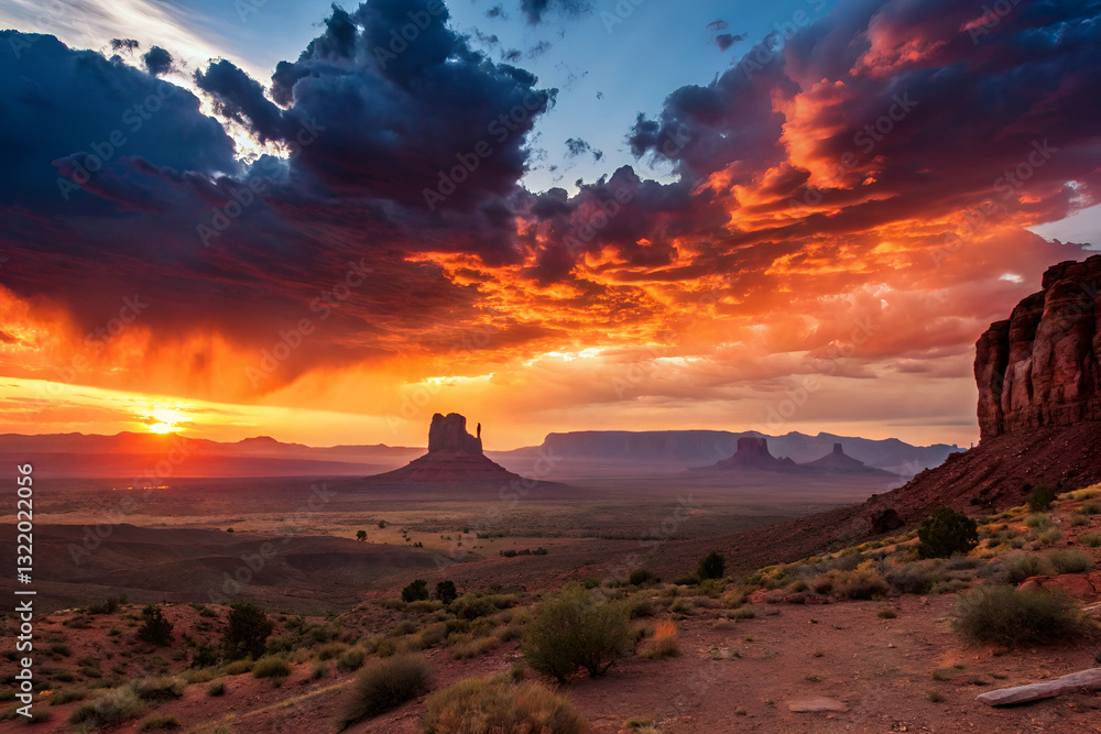 Breathtaking Sunset Over Monument Valley with Dramatic Clouds and Vibrant Sky Colors in a Desert Landscape
