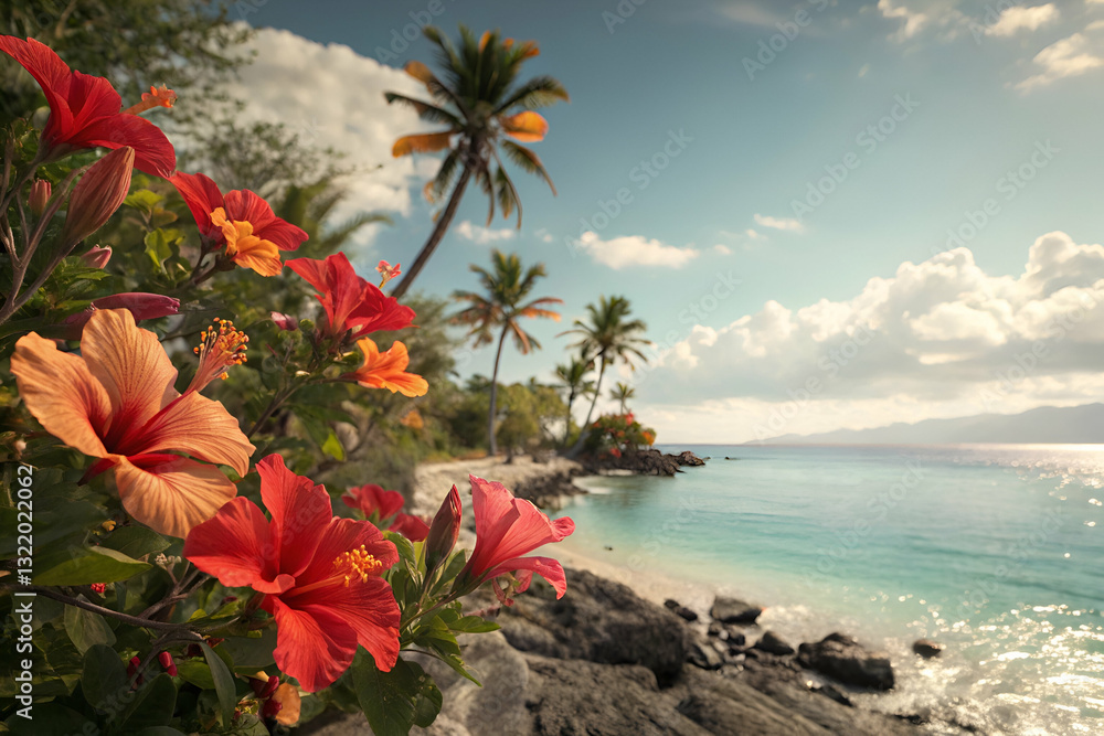 Tranquil Tropical Beach Scene with Colorful Hibiscus Flowers in Foreground and Palm Trees against a Clear Blue Ocean and Scenic Sky