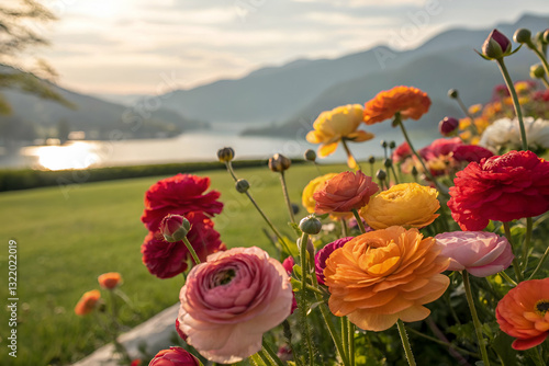 Obraz na płótnie Vibrant Ranunculus Flowers in Bloom with Scenic Lake and Mountain View Under Soft Sunset Light in a Serene Garden Setting w salonie