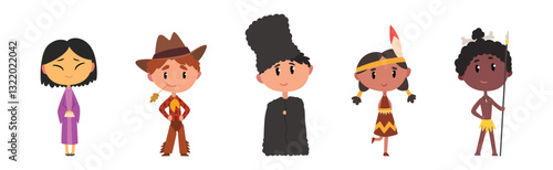 Kids in Traditional National Costume and Dress Vector Set