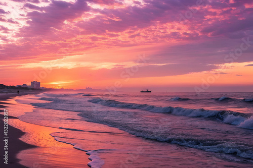 Serene Sunrise Over Calm Ocean Waves with Soft Pink and Purple Sky, Gentle Breeze, and Silhouetted Boat on Horizon at Coastal Beach