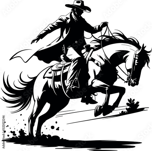 Monochrome Cowboy Riding Galloping Horse – Vintage Western Salinas California Illustration