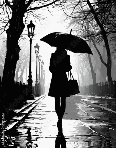 A woman walks through an evening park under an umbrella. Vector graphics. EPS.