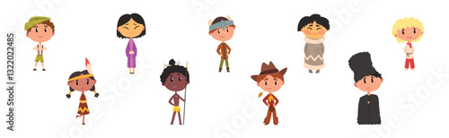 Kids in Traditional National Costume and Dress Vector Set