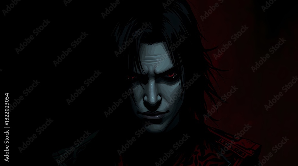 Mysterious Dark Figure: A captivating dark figure with piercing red eyes in an evocative artistic portrayal, bathed in an ambiance of shadow and darkness. Mysterious Dark Figure: A captivating dark figure with piercing red eyes in an evocative artistic portrayal, bathed in an ambiance of shadow and darkness.
