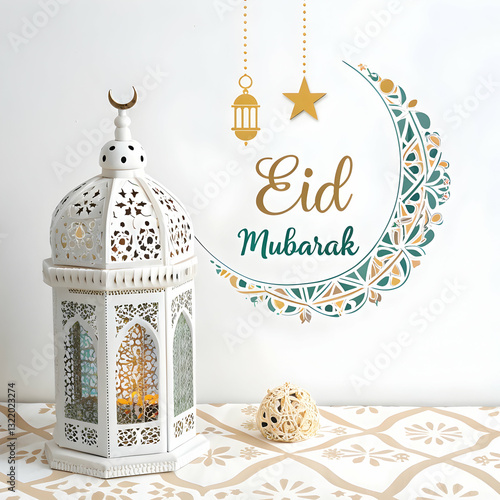 A poster islamic eid mubarak with arabic calligraphy mandala and lantern paper effect retro style
