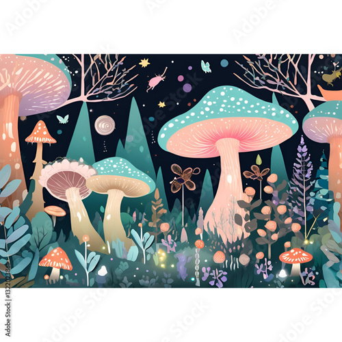 Whimsical illustration of a mushroom forest at night. Colorful, fantastical mushrooms of various sizes fill the dark landscape.
