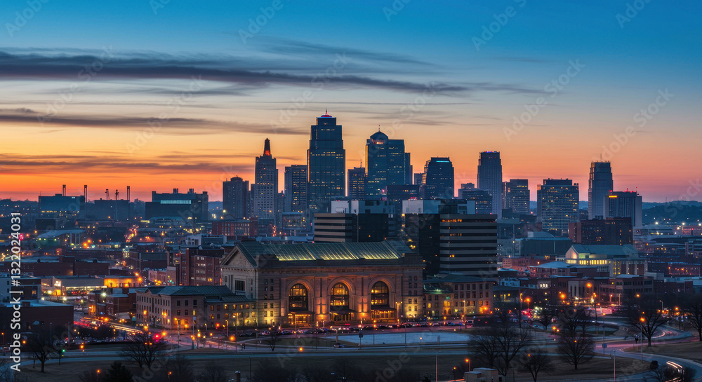 Obraz premium Kansas City Skyline at Twilight: A Stunning Urban Landscape, City Lights, Sunset, Union Station, Midwest Charm