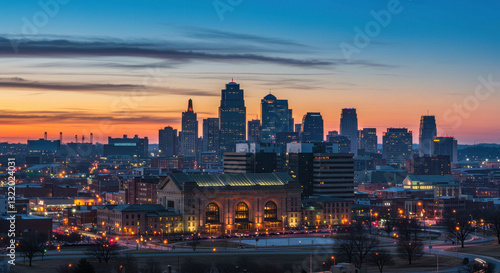 Fototapeta Naklejka Na Ścianę i Meble -  Kansas City Skyline at Twilight: A Stunning Urban Landscape, City Lights, Sunset, Union Station, Midwest Charm