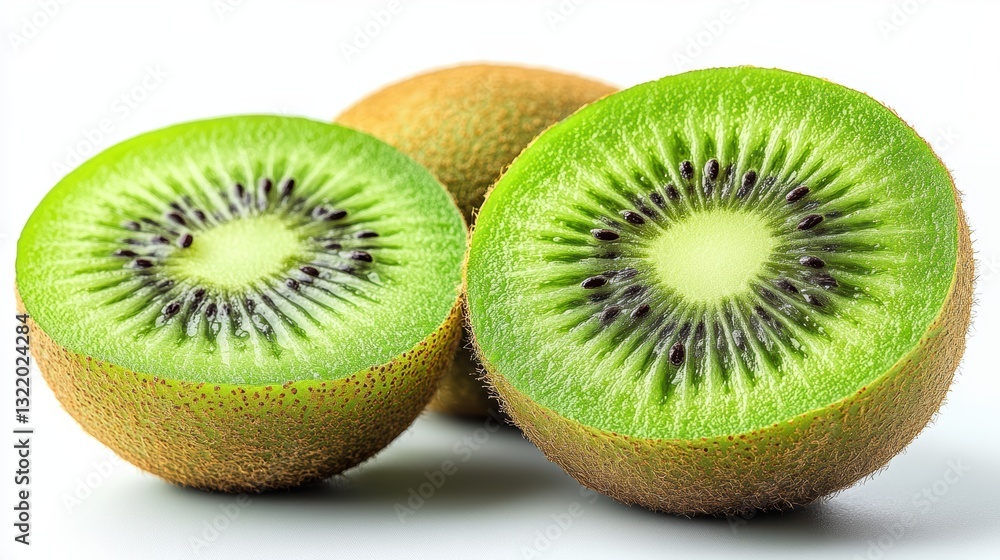 Fresh, organic kiwi fruit, sliced in half, showing bright green flesh and seeds. Fresh, organic kiwi fruit, sliced in half, showing bright green flesh and seeds.