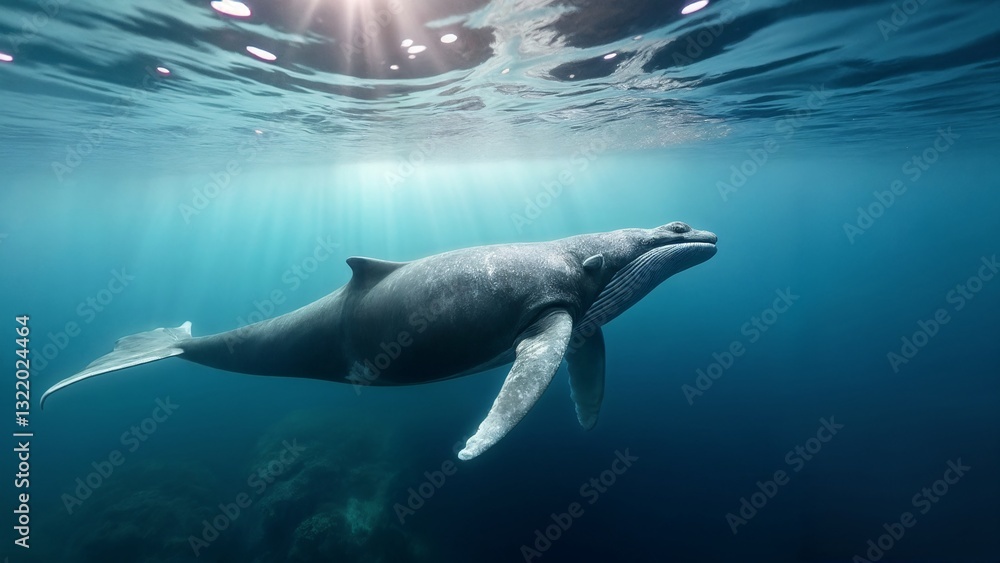 Fototapeta premium A whale swimming in the ocean with sunlight shining through the water.