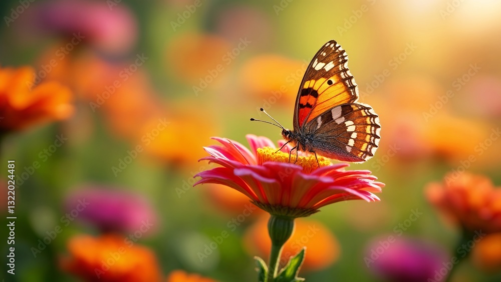 Obraz premium A butterfly sitting on top of a pink flower in a field of flowers.