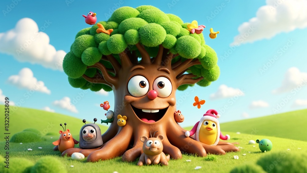 Naklejka premium A cartoon tree with a big smile on its face surrounded by small animals.