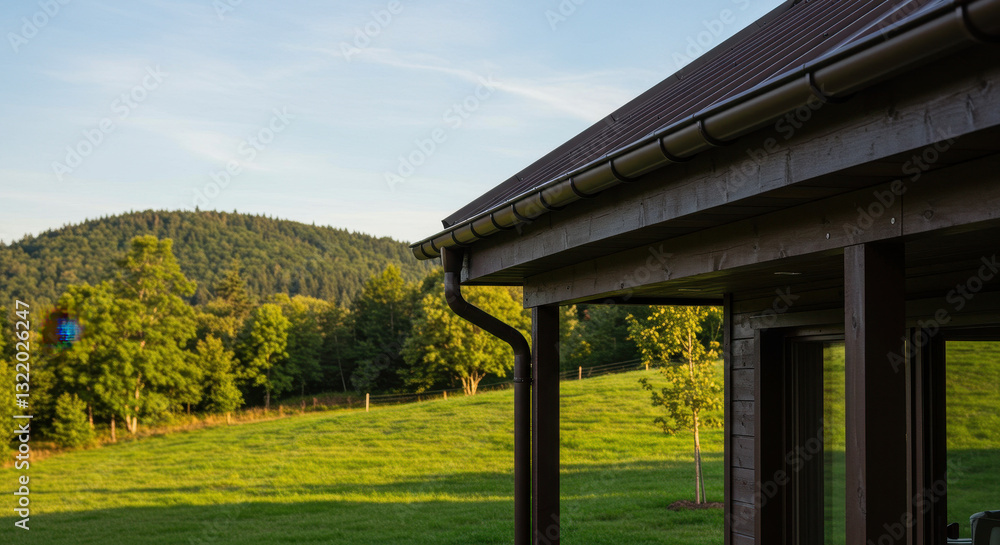 Serene Landscape: Cabin Retreat Amidst Rolling Green Hills and Lush Forest, Bathed in Golden Sunlight. Serene Landscape: Cabin Retreat Amidst Rolling Green Hills and Lush Forest, Bathed in Golden Sunlight.