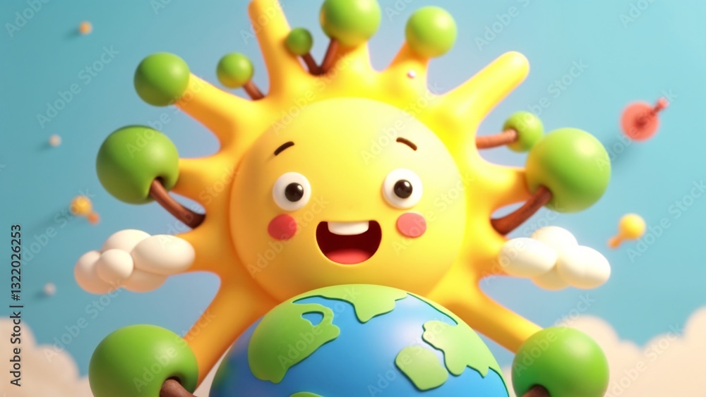 Obraz premium A 3D illustration of a smiling sun with a globe in front of it.