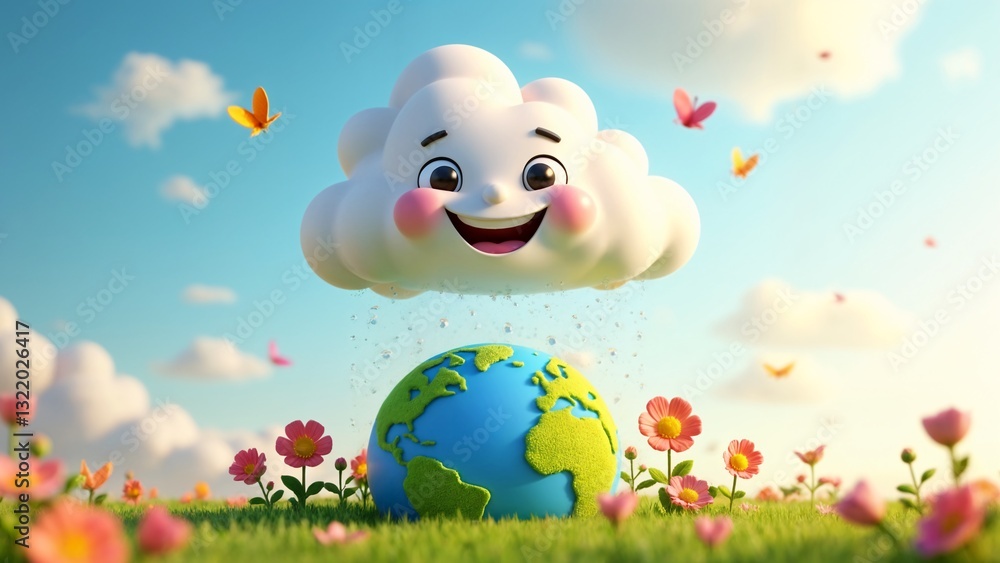 Naklejka premium A cartoon cloud with a smiley face flying over a green field of flowers.