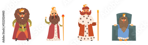 Bearded Man King Character with Mantle and Crown Vector Set