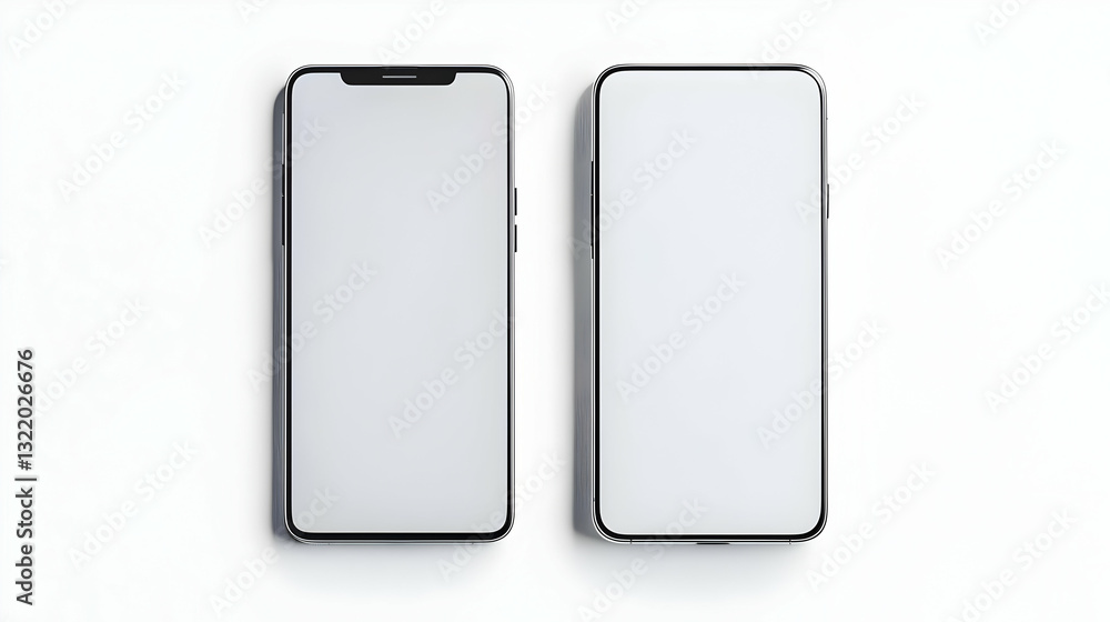 Two Smartphones With Blank White Screens On A White Background With Modern Minimalist Design In Studio Lighting Perfect For Mockup Display Or Two Smartphones With Blank White Screens On A White Background With Modern Minimalist Design In Studio Lighting Perfect For Mockup Display Or