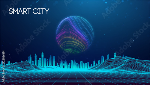 Wireframe landscape with Smart city. Technology background blue in low poly style. Data security 3d vector background. Global social network connection.