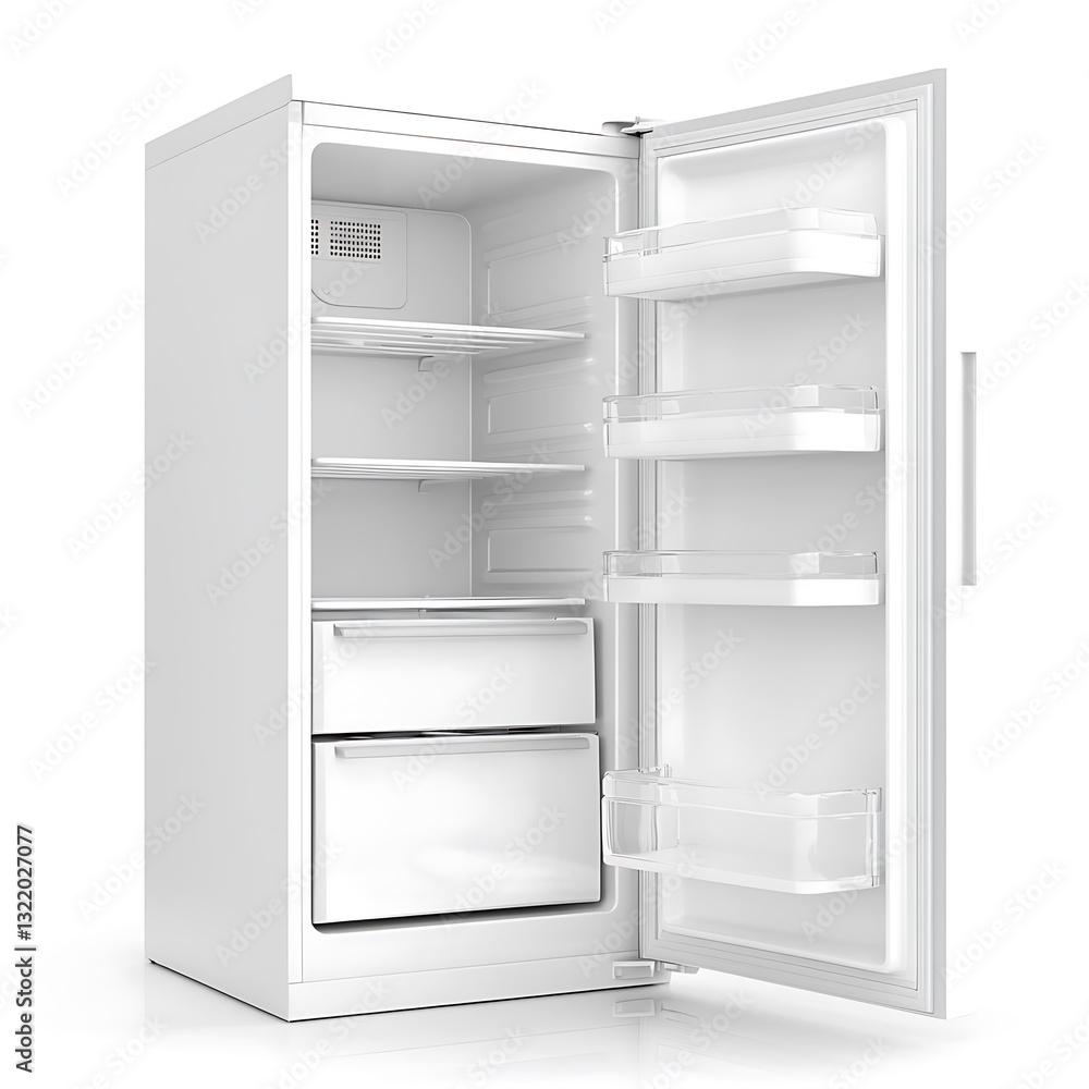 A clean white and empty refrigerator stands with its door open revealing shelves drawers and door compartments within.