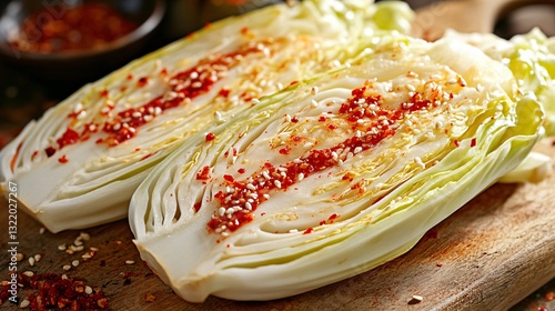 A homely kitchen scene with freshly made kimchi being prepared, featuring vibrant red chili paste spread over napa cabbage on a rustic wooden cutting board photo