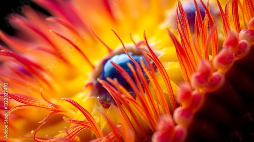 Vibrant Floral Burst: An abstract macro shot showcases the intricate beauty of a blooming flower with intense colors, creating a captivating visual experience.
