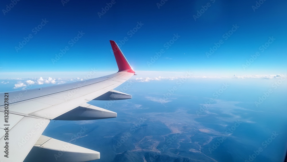 Obraz premium A view of the wing of an airplane flying above the clouds.