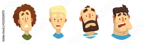 Man Face Expressing Astonished and Surprised Emotion Raising His Eyebrows Vector Set