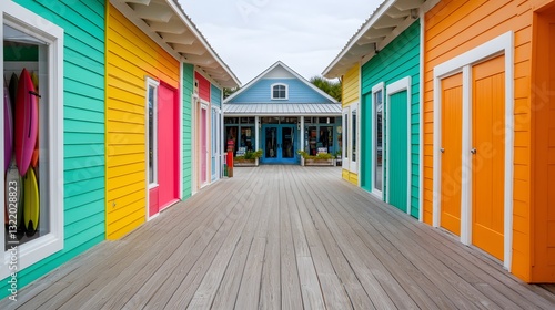 Colorful Bohemian Beach Town with Wooden Boardwalk and Vibrant Facades