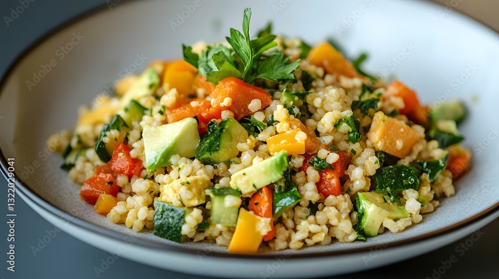 Colorful Plant Based Meal with Fresh Vegetables and Grains Served in a Bowl Colorful Plant Based Meal with Fresh Vegetables and Grains Served in a Bowl