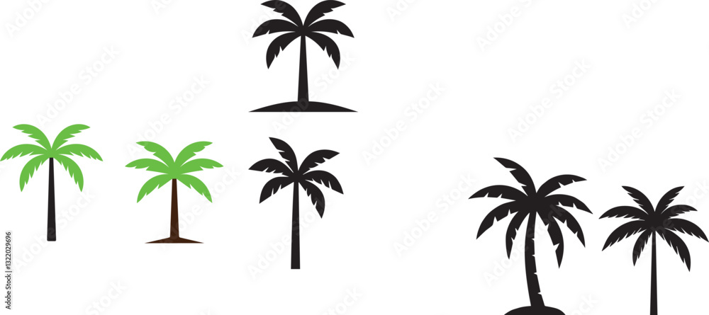 Fototapeta premium This image showcases a tropical-themed logo designed to represent a summer vacation concept. The logo features a stylized palm tree with green leaves and a segmented trunk, symbolizing relaxation.