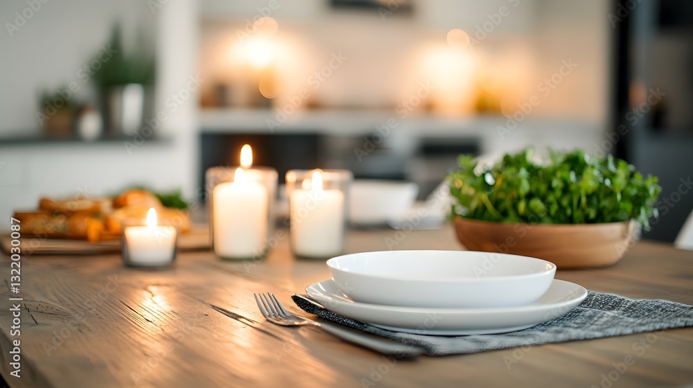 Fototapeta premium Cozy Hygge Inspired Rustic Dining Setting with Warm Candle Glow