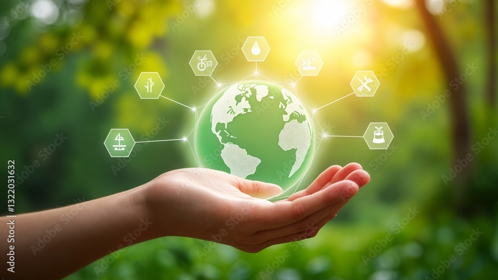 A person's hand holding a green globe with icons coming out of it. A person's hand holding a green globe with icons coming out of it.