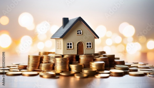 A unique house perched on a pile of glimmering coins signifying wealth and financial aspirat photo