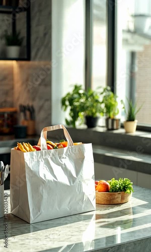 Fresh groceries in a stylish kitchen with plants, sunlight, and a cozy atmosphere