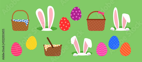 Easter bunny ears and basket, eggs icon, rabbit hole and picnic bag on green background. Cute animal character, cartoon egg hunt, funny spring set. Holiday vector illustration