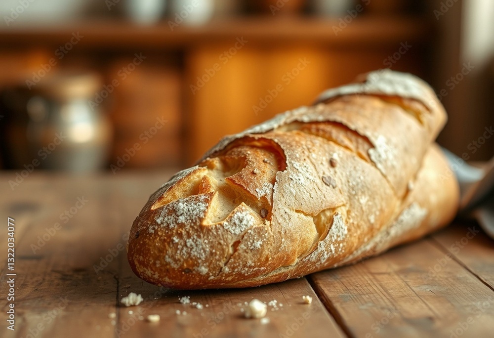 Freshly baked baguette on rustic wooden table Freshly baked baguette on rustic wooden table