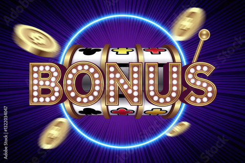 Vibrant Bonus Slot Machine Illustration with Glowing Elements and Spinning Coins